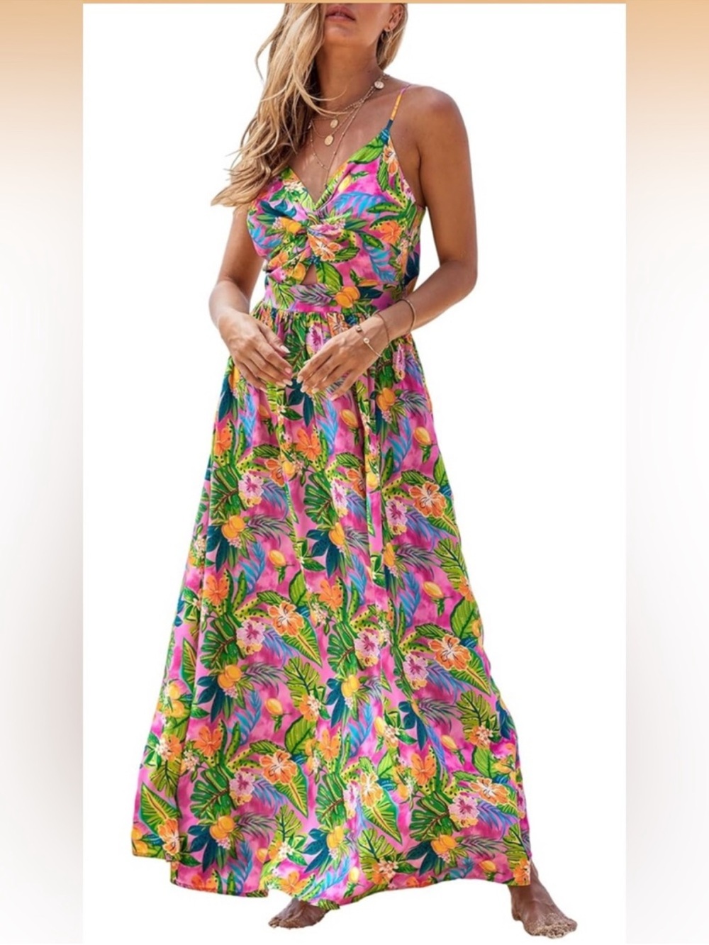 Cupshe Hot Pink Tropical Floral Maxi Dress with Green & Yellow